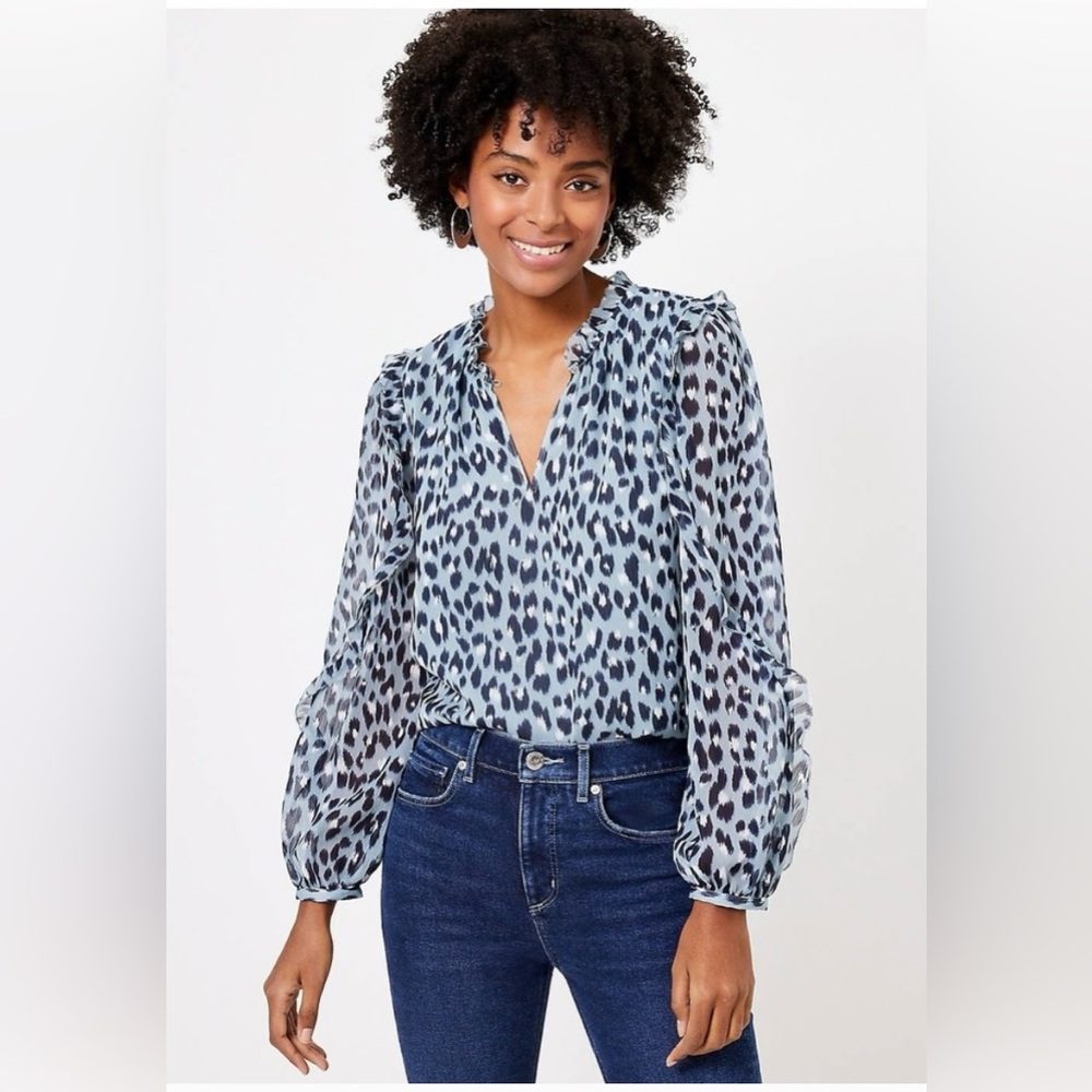 LOFT blue long sleeve blouse with navy and white accents